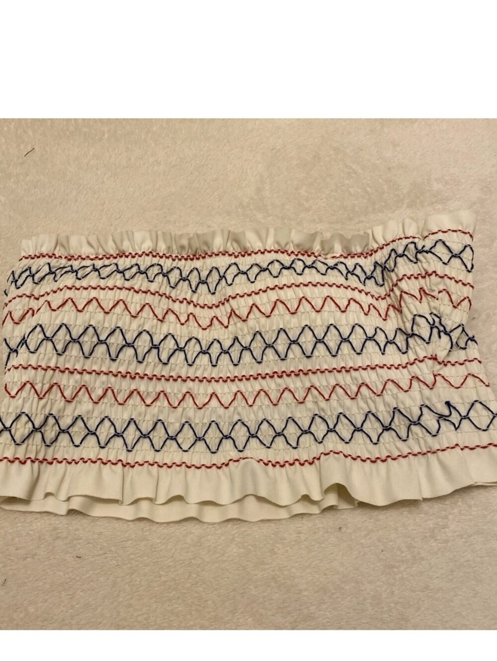 Xhiliration White Smocked Strapless Bandeau Bikini Top, S, White w Red & Blue - Picture 7 of 8